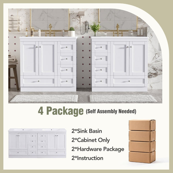 English Elm 72-inch Shaker Double Bathroom Vanity White Mdf Soft Close Drawers Resin Basin N729P000029K