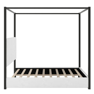 English Elm Queen Velvet Upholstered Canopy Bed White Metal 4 Poster Frame No Box Spring GX001031AAB