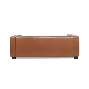 English Elm Light Brown Leather Three Seat Sofa with Dark Wood Legs for Modern Living Rooms N770P387768E
