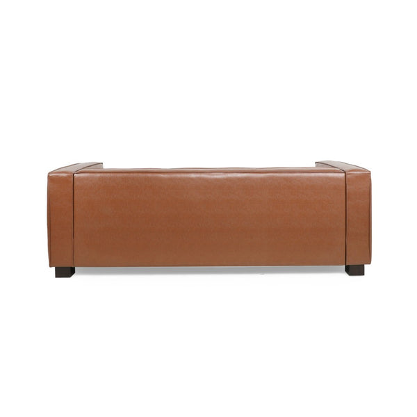 English Elm Light Brown Leather Three Seat Sofa with Dark Wood Legs for Modern Living Rooms N770P387768E