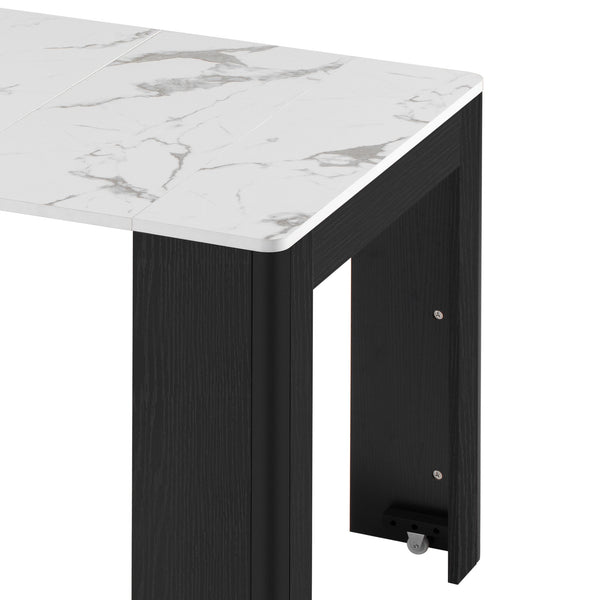 English Elm TREXM Extendable Dining Table with LED Light Strip, Built-In USB/Type-C Outlet, Rolling Space-Saver Cabinet Black,White Marble XW000024AAB