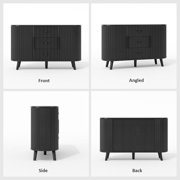 English Elm Sideboard Fluted Credenza with Three Drawers Two Doors Matte Black Modern Storage Black T3773P417309