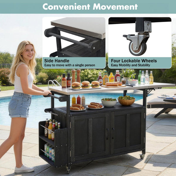 English Elm Foldable Outdoor Kitchen Cart with Stainless Worktop Fir Wood Frame and Lockable Wheels Black N719P380279B