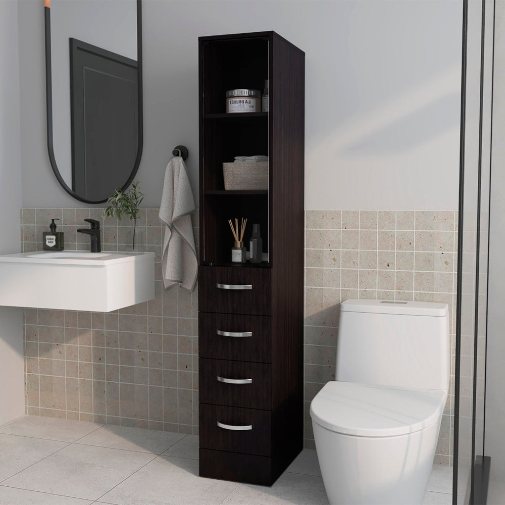 English Elm Wengue Tall Linen Cabinet with Four Drawers and Open Shelves for Bathroom Storage B062P461069