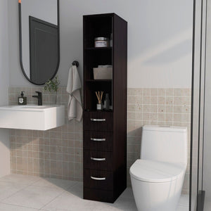 English Elm Wengue Tall Linen Cabinet with Four Drawers and Open Shelves for Bathroom Storage B062P461069