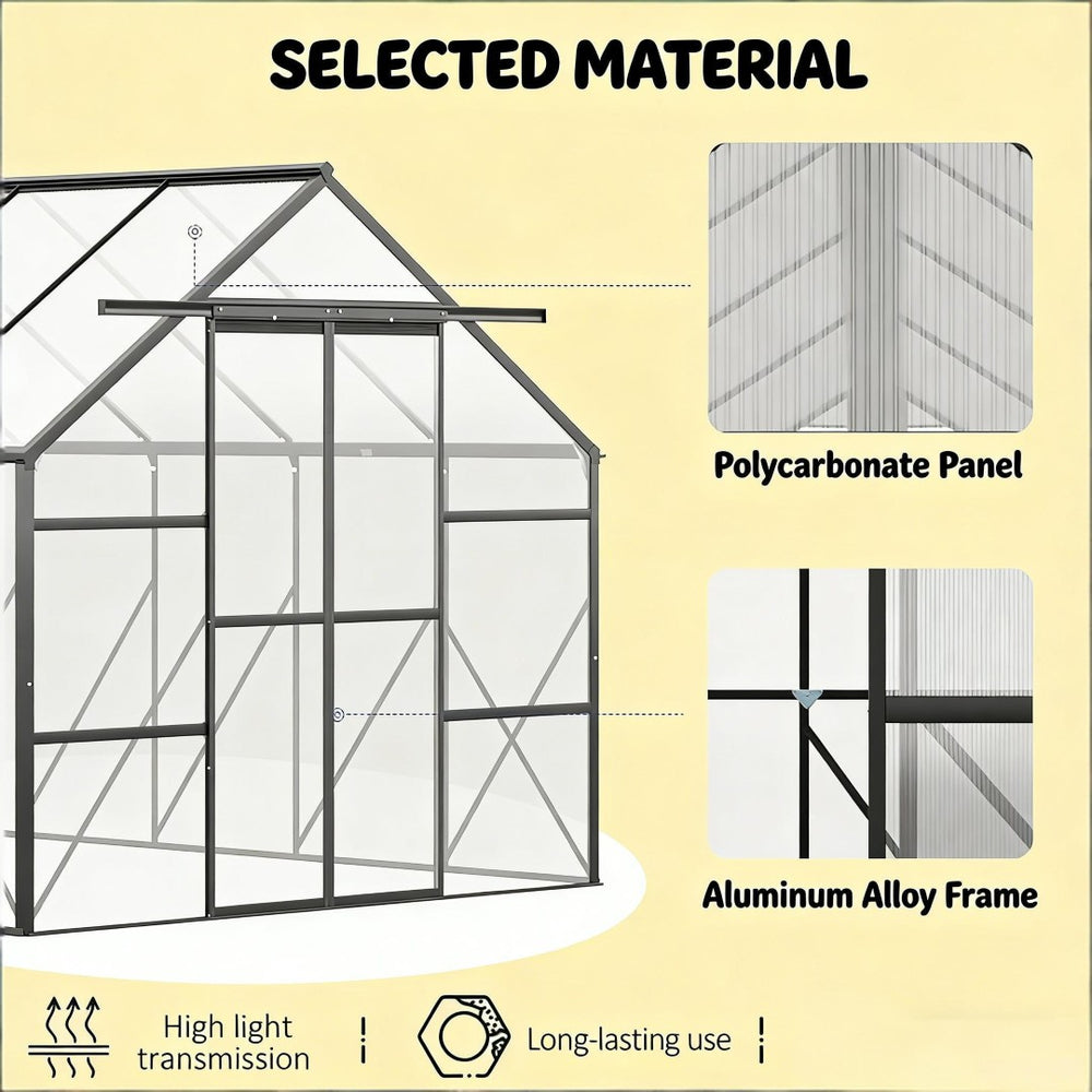 English Elm Practical Walk-in Greenhouse with Aluminum Frame and Uv Polycarbonate Panels for Gardens T3971S00165