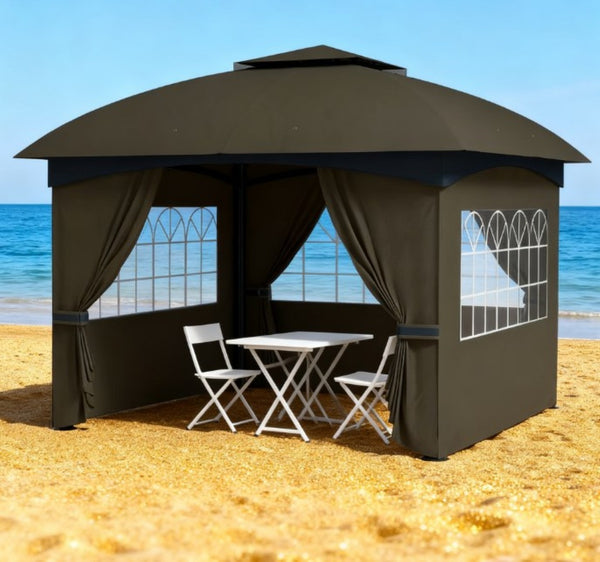 English Elm Double Tier Outdoor Gazebo with Arched Windows Steel Frame and Uv Resistant Polyester Canopy Dark Gray T3971P426847