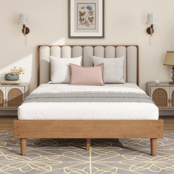 English Elm Queen Size Wood Bed With Upholstered Piano Key Headboard, Sturdy Frame In Warm Wheat Tone Finish W504S00257-GIGA