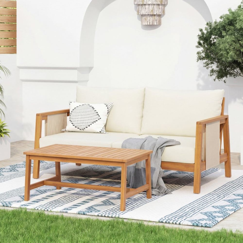 English Elm 2 Piece Outdoor Acacia Wood Loveseat and Coffee Table Set with Textilene Weave Cushions Brown,Teak+ Beige N768P368824T