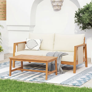 English Elm 2 Piece Outdoor Acacia Wood Loveseat and Coffee Table Set with Textilene Weave Cushions Brown,Teak+ Beige N768P368824T