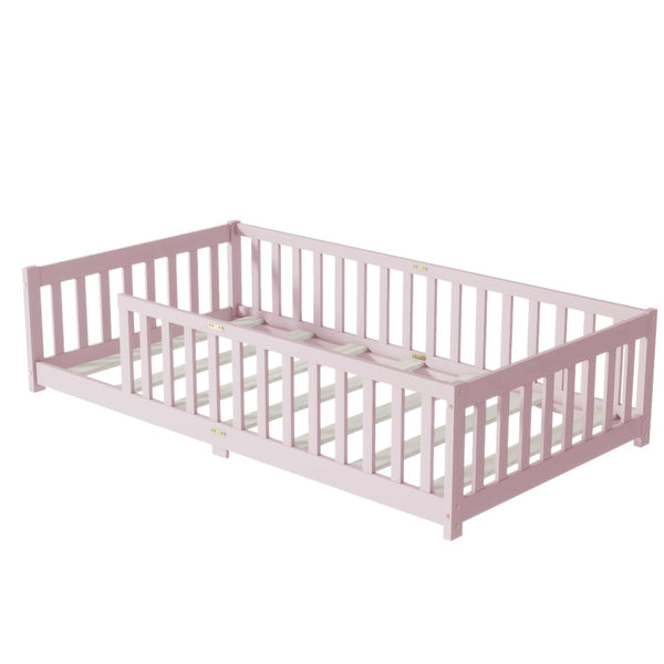 English Elm Twin Size Floor Bed With Safe Guardrails - Durable Rubberwood, Eco-Friendly Pink Design For Kids W504P286399-GIGA