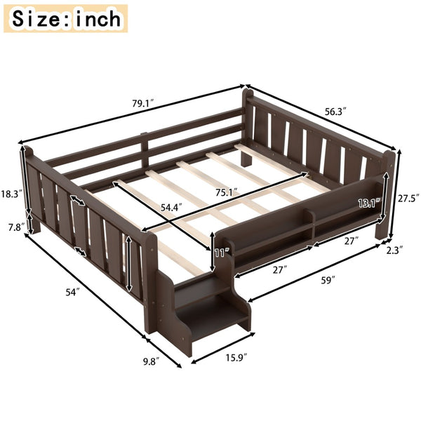 English Elm Twin Pine Floor Bed for Kids with Side Bookcases Built-in Stairs and Safety Guardrails Espresso W1580P390226