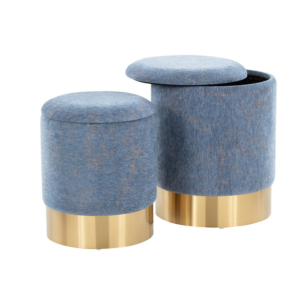 English Elm Marla Plush Nesting Ottoman Set with Gold Metal Base — Glam Contemporary Seating and Space-Saving Design Blue B202P223731