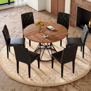 English Elm Table and Chair Set 7 Piece Round Walnut Mdf Industrial Dining with Pu Seats W1151S04848