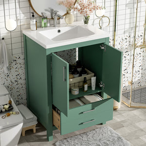English Elm 24'' Green Bathroom Vanity with Ceramic Sink Combo — Modern Freestanding MDF & Solid Wood Storage, Soft-Close Doors, Silver Handles N710P228364F