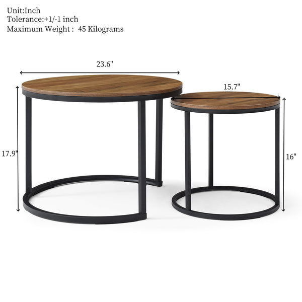 English Elm Set of 2 Walnut Nesting Round Coffee Tables - MDF Top & Sturdy Metal Frame, Modern Industrial Chic W1117P209519
