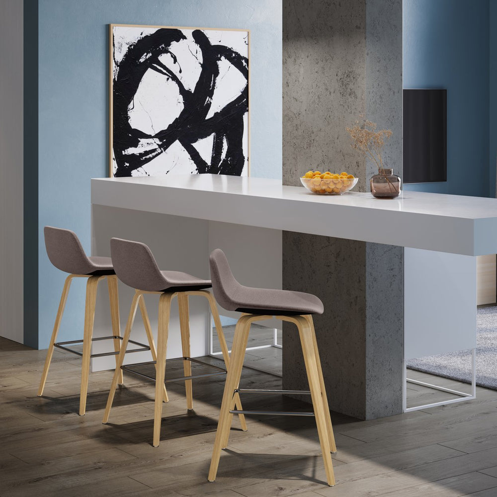 English Elm Harvard Mocha Bentwood Counter Bar Stools Set of 2 – Mid-Century Wood Frame, Chrome Footrest, Upholstery B2732P253614