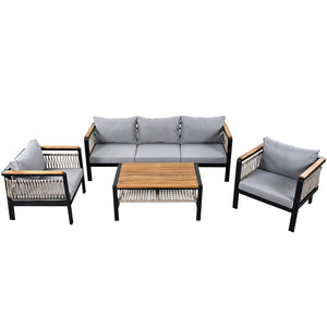 English Elm 4 Pieces Outdoor Sectional Sofa Set with Water-Resistant Cushions, Woven Rope Detail & Acacia Table Grey N719Z000130E