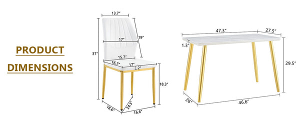 English Elm Table and Chair Set Marble Glass Top Gold Legs Modern Dining for Small Spaces W1151S04637