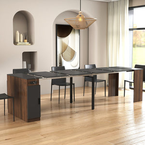 English Elm Modern Expandable Dining Table with Built-In Outlet, 5-Panel Extendable Space-Saving Design for Gatherings Walnut+black W331S00190