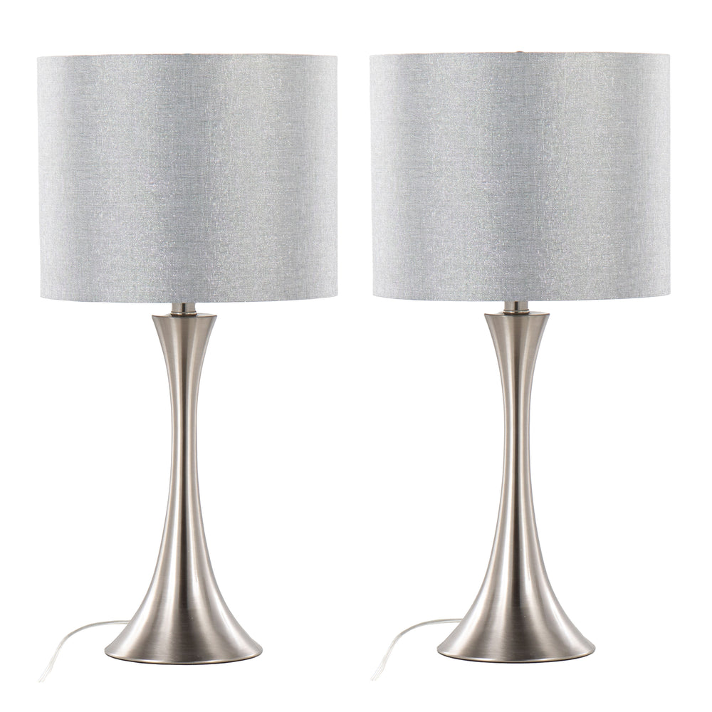 English Elm Lenuxe 24" Contemporary Metal Table Lamp Set of 2 – Brushed Nickel Hourglass Base, Grey Sparkle Drum Shade, 3-Way B202P224070