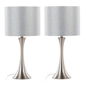 English Elm Lenuxe 24" Contemporary Metal Table Lamp Set of 2 – Brushed Nickel Hourglass Base, Grey Sparkle Drum Shade, 3-Way B202P224070