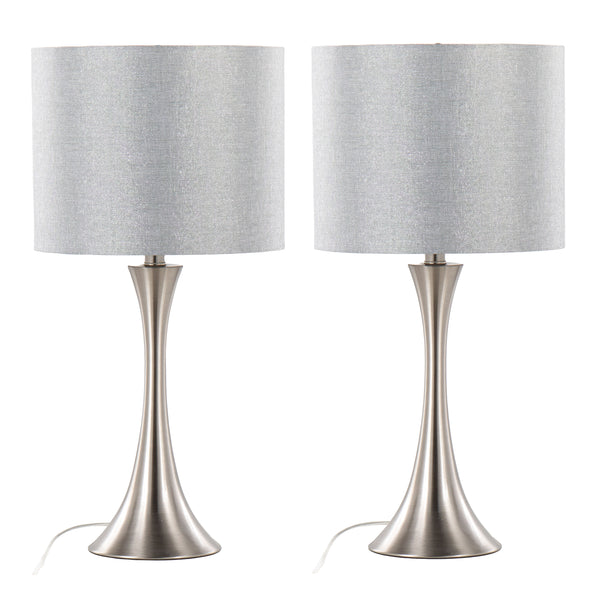 English Elm Lenuxe 24" Contemporary Metal Table Lamp Set of 2 – Brushed Nickel Hourglass Base, Grey Sparkle Drum Shade, 3-Way B202P224070