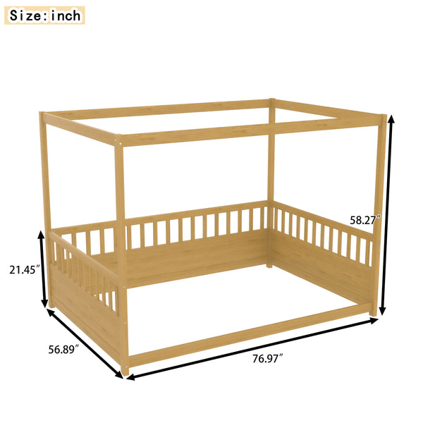 English Elm Full Canopy Bed Frame with Guardrails for Kids Full Size Pine Wood Montessori Floor Bed Cozy Canopy Natural Wood W1858P252841