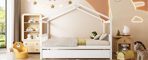 English Elm Full Size House Bed Solid Pinewood Frame with Pull Out Twin Trundle for Kids White LP000305AAK-1