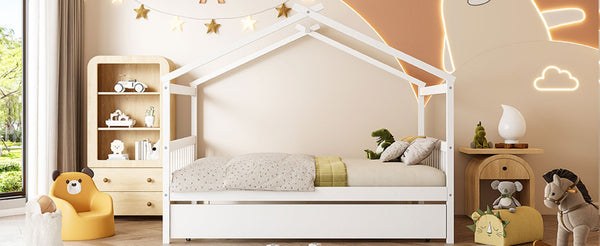English Elm Full Size House Bed Solid Pinewood Frame with Pull Out Twin Trundle for Kids White LP000305AAK-1