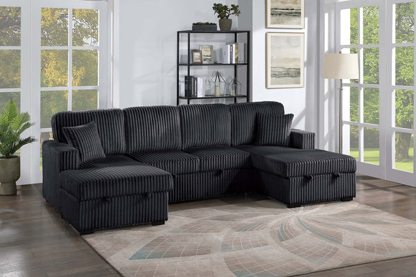English Elm Chocolate Corduroy 3 Piece Sectional Sleeper Sofa with Raf Laf Chaise Storage Seating Black B011S02170