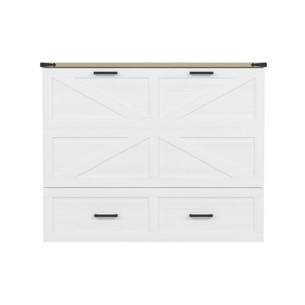 English Elm Full Farmhouse Murphy Cabinet Bed with Charging Station and Large Drawers, Space-Saving Guest Solution White 52.25 L x 26.25 W x 5.25 H N733S237853W