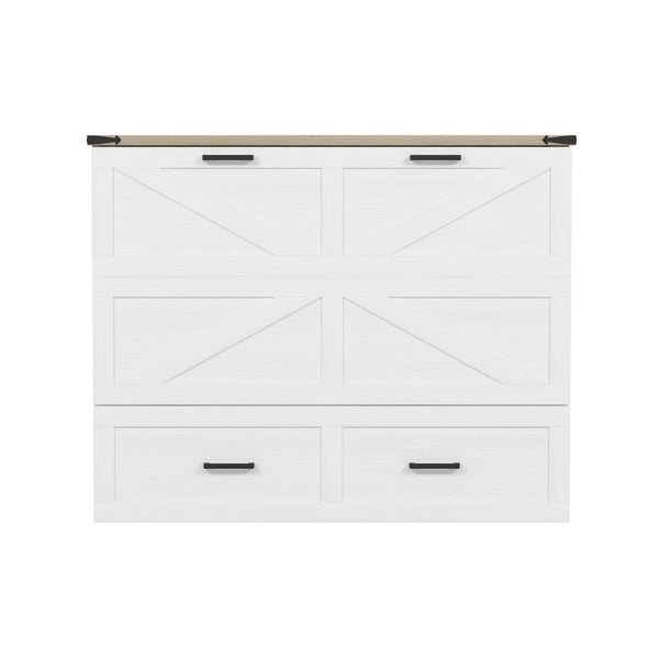 English Elm Full Farmhouse Murphy Cabinet Bed with Charging Station and Large Drawers, Space-Saving Guest Solution White 52.25 L x 26.25 W x 5.25 H N733S237853W