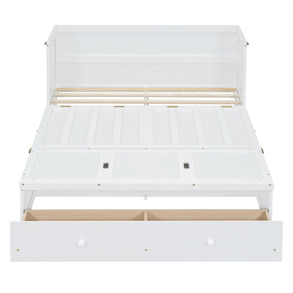 English Elm Full Size Wall Murphy Bed Cabinet with Storage Drawer and Built-in Usb Charging White N708P205903K