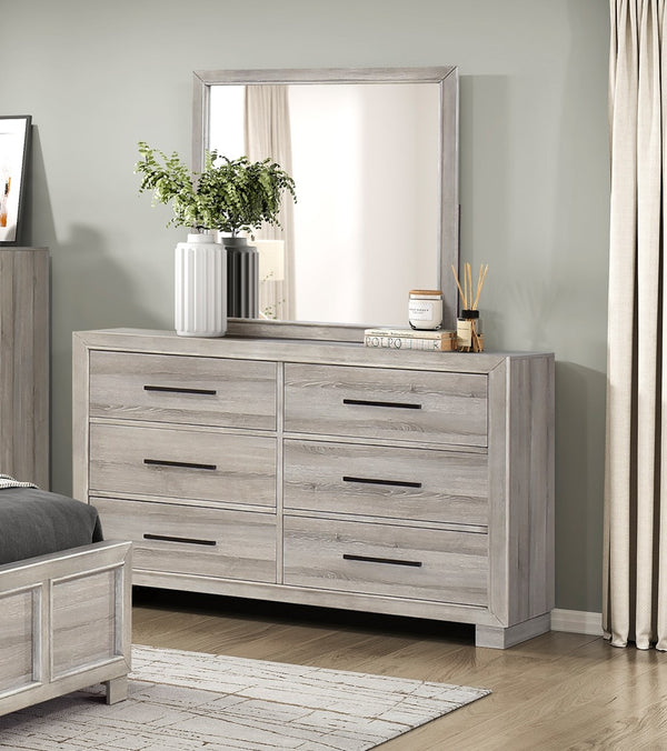English Elm Modern Six-Drawer Dresser with Antique Brass Pulls, Fully Assembled Contemporary Wood Blend Storage, Smooth-Glide Drawers for Durable Everyday Use Gray 62.5 L x 20 W x 42 H B011P389526