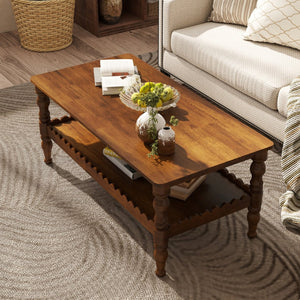 English Elm Rectangle Two Tier Farmhouse Coffee Table Solid Wood Legs Wave Shelf for Living Room W2263P426698