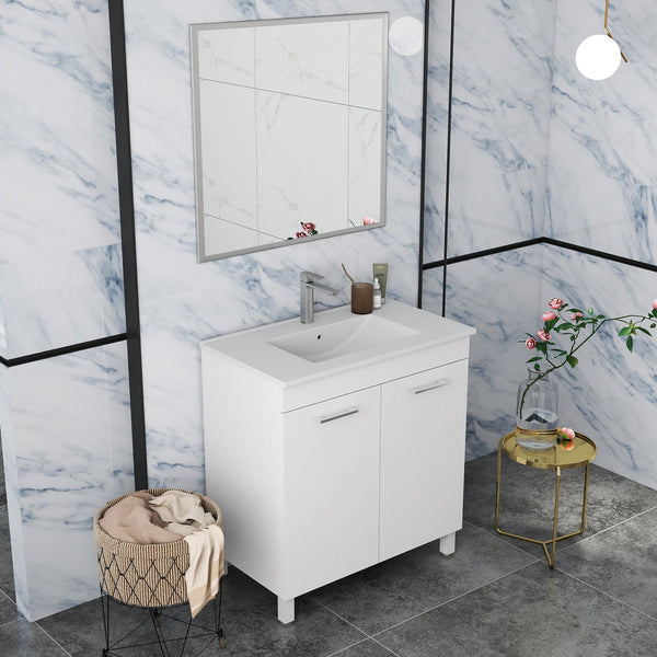 English Elm 32-Inch Elegant Floor-Mounted Bathroom Vanity Set With Ceramic Sink, Mirror, Soft-Close Doors & More W3151S00030