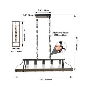 English Elm 34-Inch Industrial Pendant Light with 5 E26 Sockets, Adjustable Chain, Iron Linear Chandelier for Kitchen Black+Gold W2312P374833