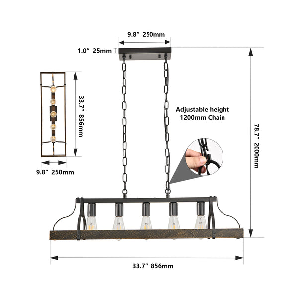 English Elm 34-Inch Industrial Pendant Light with 5 E26 Sockets, Adjustable Chain, Iron Linear Chandelier for Kitchen Black+Gold W2312P374833