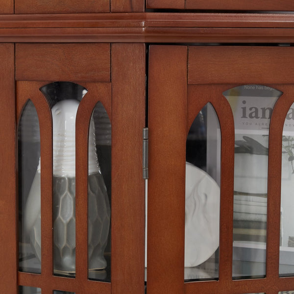 English Elm Corner Curio Cabinet with 6 Shelves, Tempered Glass Display, Built-In Lighting, Mirrored Back Walnut W1693P216949