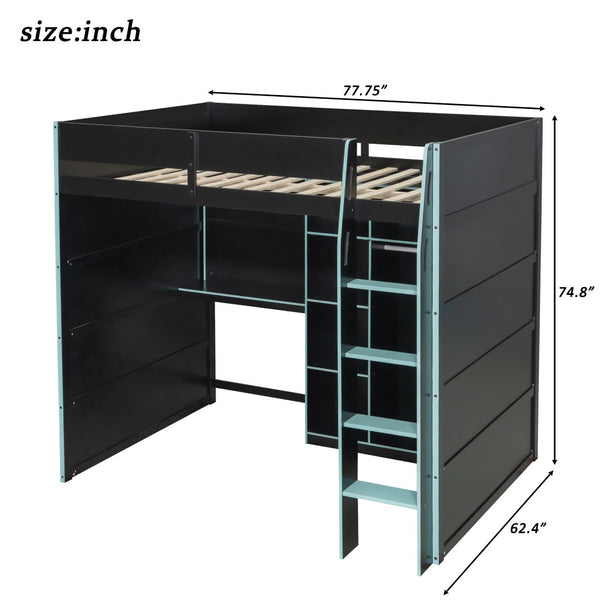 English Elm Full Size Loft Bed with Rgb Lighting Desk Open Wardrobe and Storage for Gaming Rooms Blue LT000277AAC