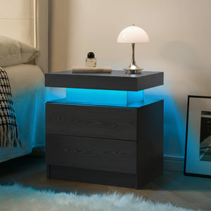 English Elm Nightstand with Multi-Color Adjustable LED Lights and Two Drawers for Bedroom or Living Room Use Black Woodgrain 22.83 L x 16.93 W x 7.68 H W2178P287898
