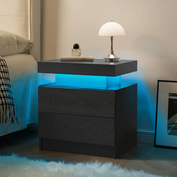 English Elm Nightstand with Multi-Color Adjustable LED Lights and Two Drawers for Bedroom or Living Room Use Black Woodgrain 22.83 L x 16.93 W x 7.68 H W2178P287898