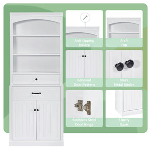 English Elm White Bathroom Storage Cabinet with Zinc Knob Doors, 4 Drawers, 6 Open Shelves & Adjustable Tiers for Organized Space (63"x10.8"x78.7") N725S252486K