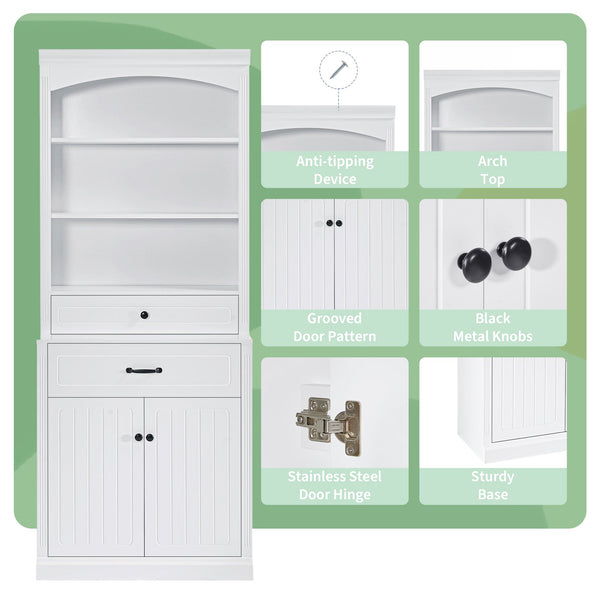 English Elm White Bathroom Storage Cabinet with Zinc Alloy Knobs, Adjustable Shelves, Smooth Drawers & Open Shelves for Organized, Durable MDF Storage (78.7" H) N725P252486K