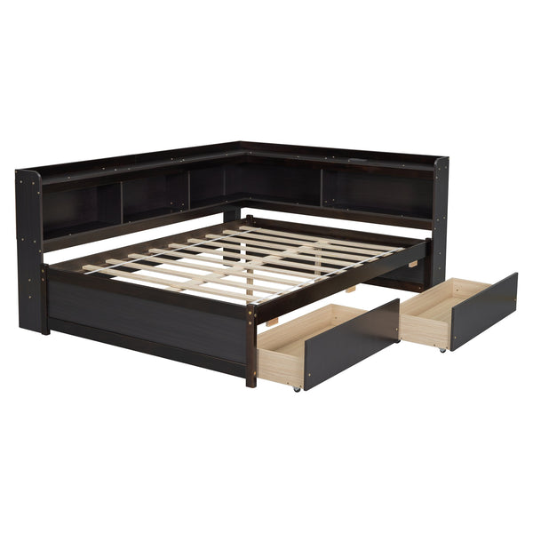English Elm Full Size L-Shaped Bed With Bookcases, Usb Ports & Storage Drawers - Smart Space-Saving Solution! W504S00220
