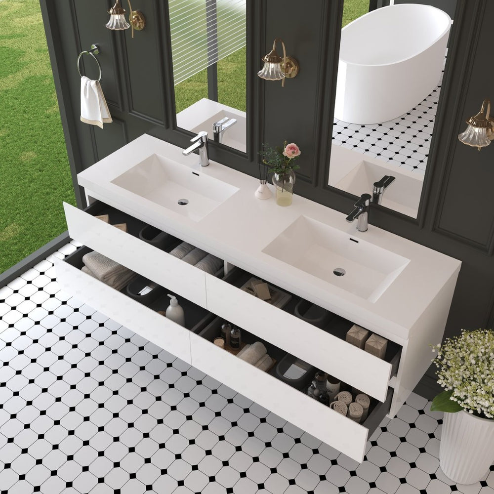 English Elm 72'' Floating Double Vanity Smoked Walnut Fluted Mdf Cabinet with Quartz Basins Glossy White W1920P385513
