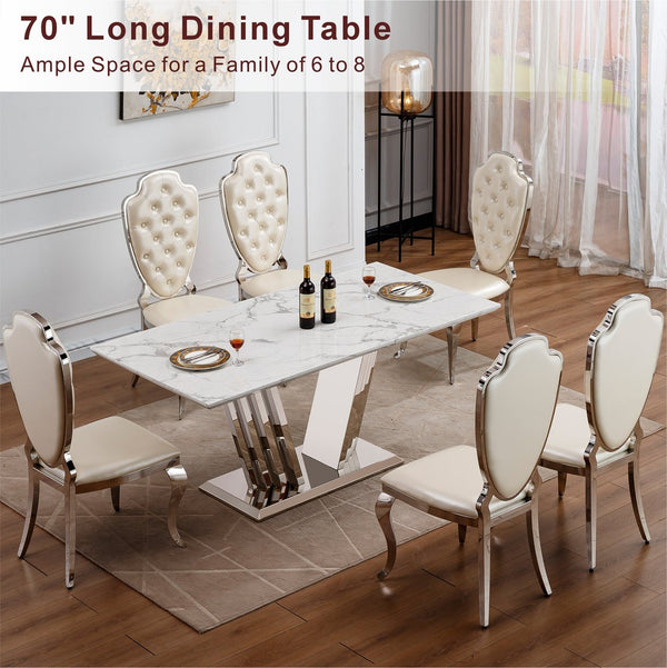 English Elm Marble Dining Table For 6-8, Modern Rectangular Faux Marble Top With Polished Stainless Steel Base W3456S00046