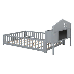 English Elm Full-size Montessori Floor Bed with Built-In Bookcase and Chalkboard, Space-Saving Solid Wood Platform for Kids Grey 56.3 L x 17.32 W x 5.31 H W1716S00013