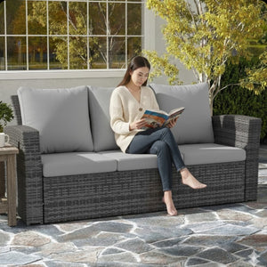 English Elm 67.7" Outdoor Wicker Three Seat Sofa High Back Pe Frame Patio Lounge Furniture Gray B082P455184
